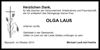 Anzeige von Olga Lauß von Nordbayerischer Kurier