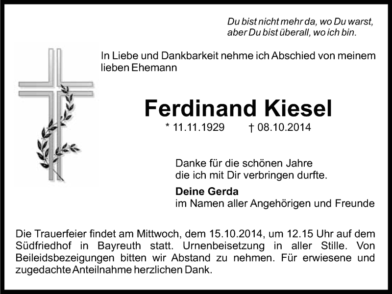 Traueranzeige für Ferdinand Kiesel vom 11.10.2014 aus Nordbayerischer Kurier