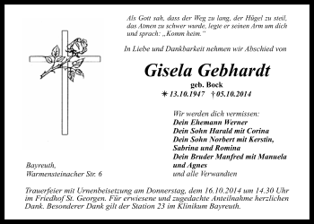 Anzeige von Gisela Gebhardt von Nordbayerischer Kurier