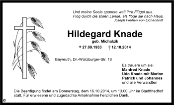 Anzeige von Hildegard Knade von Nordbayerischer Kurier
