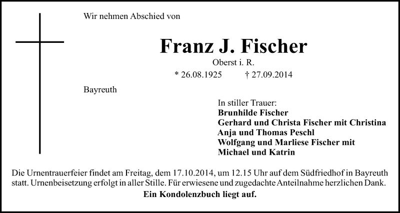  Traueranzeige für Franz J. Fischer vom 14.10.2014 aus Nordbayerischer Kurier