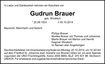 Anzeige von Gudrun Brauer von Nordbayerischer Kurier
