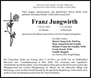 Anzeige von Franz Jungwirth von Nordbayerischer Kurier