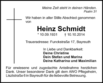 Anzeige von Heinz Schmidt von Nordbayerischer Kurier