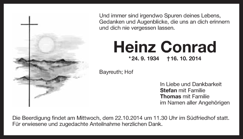  Traueranzeige für Heinz Conrad vom 18.10.2014 aus Nordbayerischer Kurier