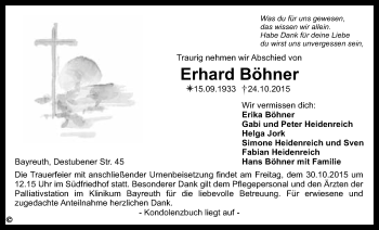 Anzeige von Erhard Böhner von Nordbayerischer Kurier