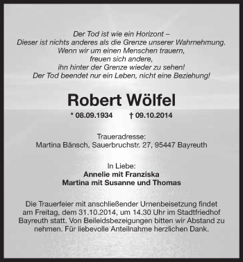 Anzeige von Robert Wölfel von Nordbayerischer Kurier