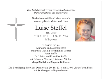 Anzeige von Luise Steffel von Nordbayerischer Kurier