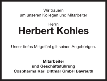 Anzeige von Herbert Kohles von Nordbayerischer Kurier