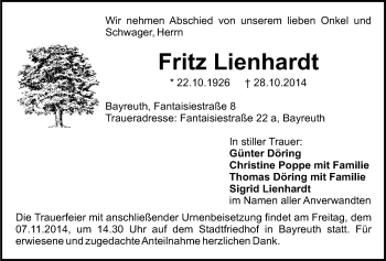 Anzeige von Fritz Lienhardt von Nordbayerischer Kurier