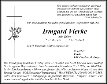 Anzeige von Irmgard Vierke von Nordbayerischer Kurier