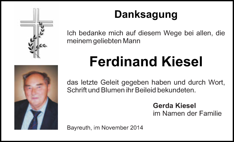  Traueranzeige für Ferdinand Kiesel vom 08.11.2014 aus Nordbayerischer Kurier