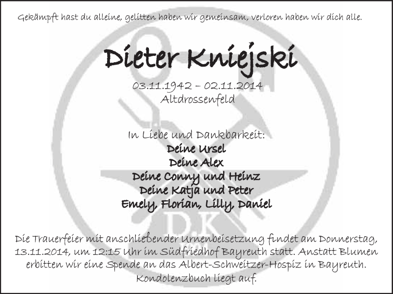  Traueranzeige für Dieter Kniejski vom 10.11.2014 aus Nordbayerischer Kurier