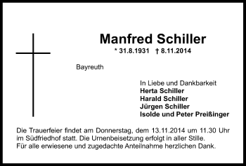 Anzeige von Manfred Schiller von Nordbayerischer Kurier