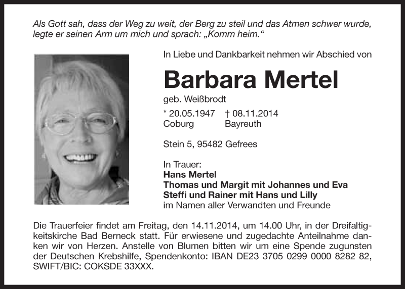  Traueranzeige für Barbara Mertel vom 11.11.2014 aus Nordbayerischer Kurier
