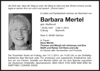Anzeige von Barbara Mertel von Nordbayerischer Kurier