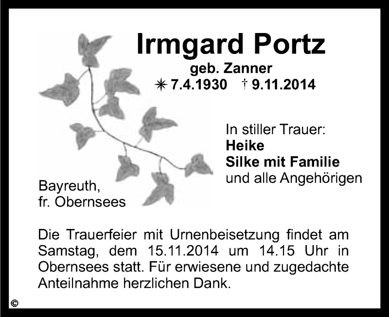  Traueranzeige für Irmgard Portz vom 12.11.2014 aus Nordbayerischer Kurier