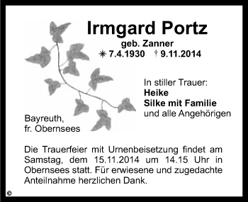 Anzeige von Irmgard Portz von Nordbayerischer Kurier