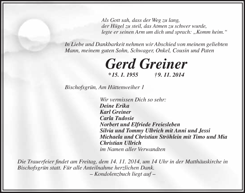  Traueranzeige für Gerd Greiner vom 12.11.2014 aus Nordbayerischer Kurier