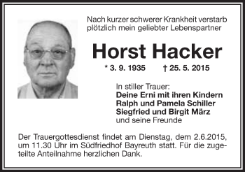 Anzeige von Horst Hacker von Nordbayerischer Kurier