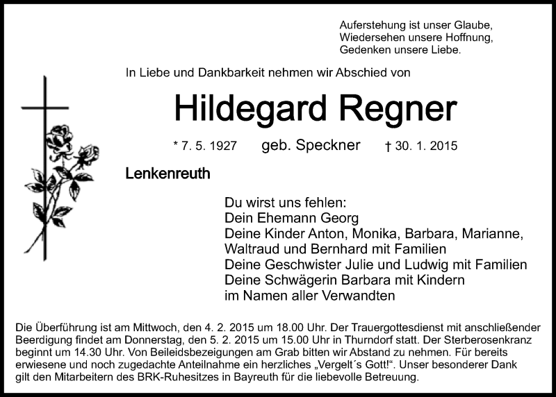  Traueranzeige für Hildegard Regner vom 03.02.2015 aus Nordbayerischer Kurier