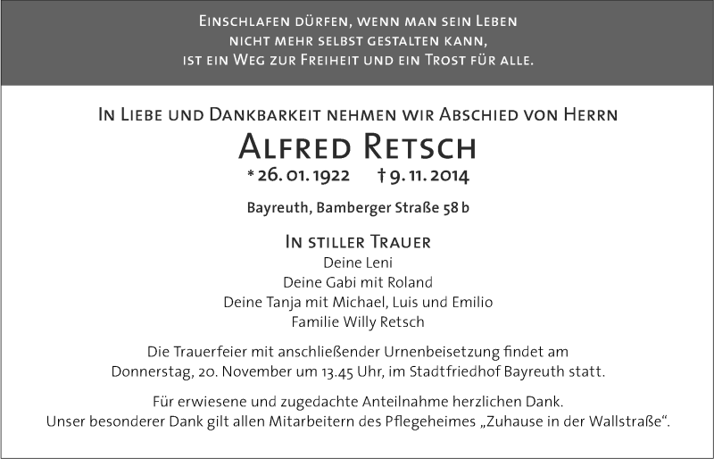  Traueranzeige für Alfred Retsch vom 17.11.2014 aus Nordbayerischer Kurier