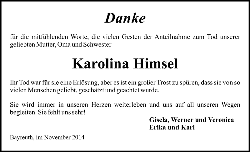  Traueranzeige für Karolina Himsel vom 15.11.2014 aus Nordbayerischer Kurier