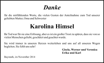 Anzeige von Karolina Himsel von Nordbayerischer Kurier