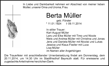 Anzeige von Berta Müller von Nordbayerischer Kurier