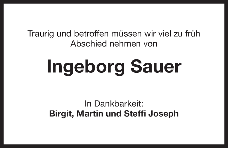  Traueranzeige für Ingeborg Sauer vom 21.11.2014 aus Nordbayerischer Kurier
