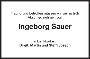 Anzeige von Ingeborg Sauer von Nordbayerischer Kurier