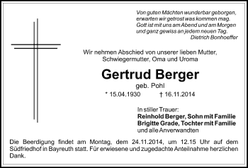 Anzeige von Gertrud Berger von Nordbayerischer Kurier