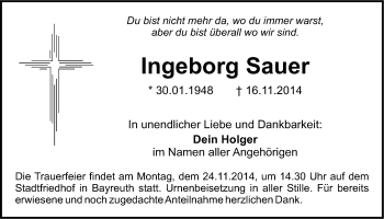 Anzeige von Ingeborg Sauer von Nordbayerischer Kurier