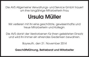 Anzeige von Ursula Müller von Nordbayerischer Kurier