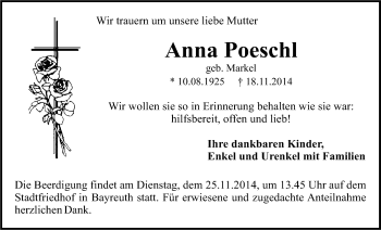 Anzeige von Anna Poeschl von Nordbayerischer Kurier