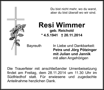 Anzeige von Resi Wimmer von Nordbayerischer Kurier