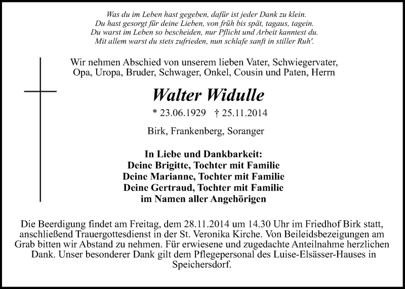  Traueranzeige für Walter Widulle vom 27.11.2014 aus Nordbayerischer Kurier