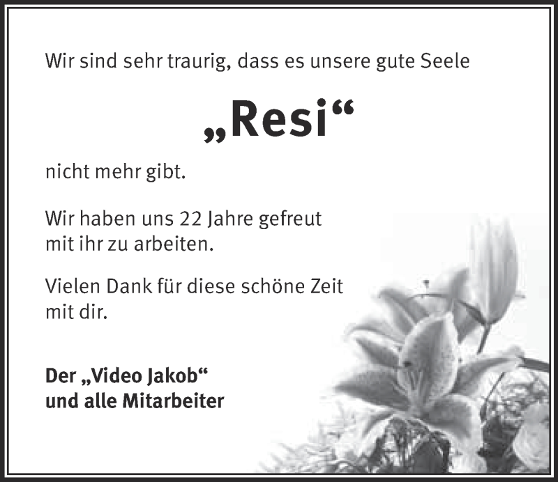  Traueranzeige für Resi Wimmer vom 28.11.2014 aus Nordbayerischer Kurier