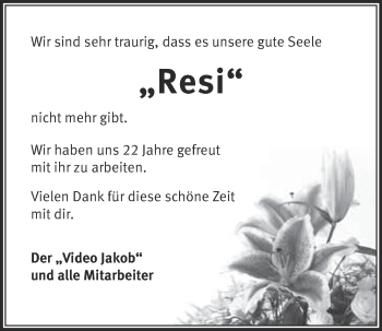 Anzeige von Resi Wimmer von Nordbayerischer Kurier