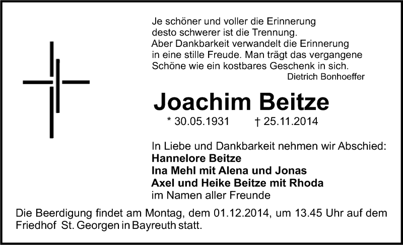  Traueranzeige für Joachim Beitze vom 28.11.2014 aus Nordbayerischer Kurier