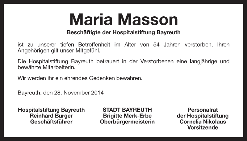  Traueranzeige für Maria Masson vom 28.11.2014 aus Nordbayerischer Kurier