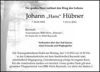 Anzeige von Johann Hübner von Nordbayerischer Kurier