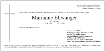 Anzeige von Marianne Ellwanger von Nordbayerischer Kurier