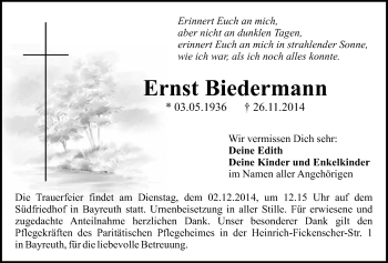 Anzeige von Ernst Biedermann von Nordbayerischer Kurier