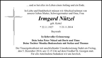 Anzeige von Irmgard Nützel von Nordbayerischer Kurier