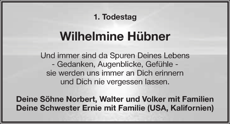  Traueranzeige für Wilhelmine Hübner vom 05.12.2014 aus Nordbayerischer Kurier