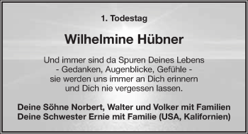 Anzeige von Wilhelmine Hübner von Nordbayerischer Kurier