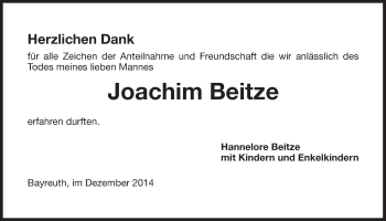 Anzeige von Joachim Beitze von Nordbayerischer Kurier