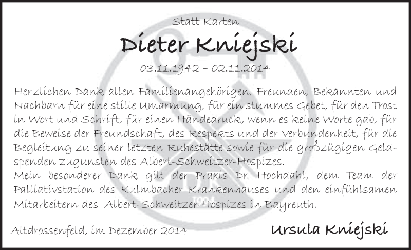  Traueranzeige für Dieter Kniejski vom 06.12.2014 aus Nordbayerischer Kurier