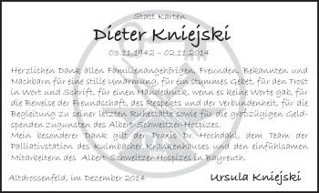 Anzeige von Dieter Kniejski von Nordbayerischer Kurier